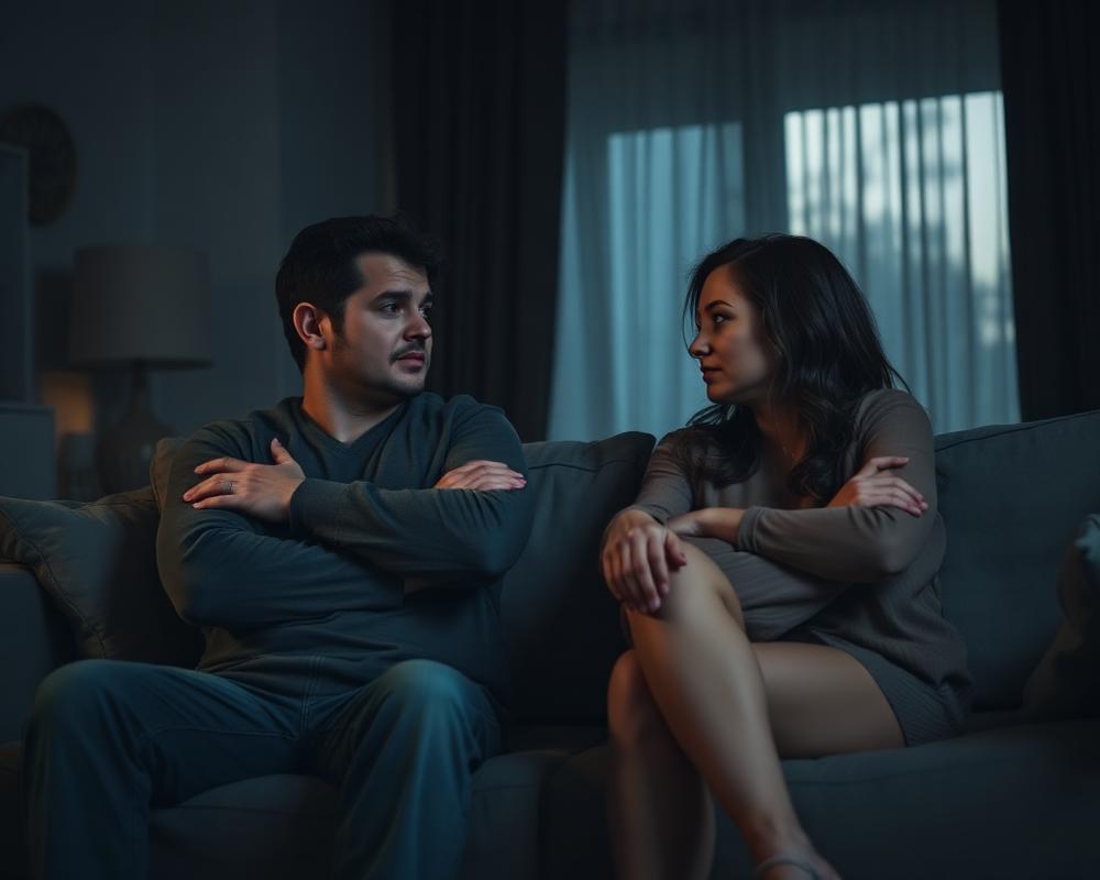 Casal sentado no sofá em silêncio, distante